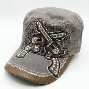 Gray and Brown Cap with Embroidered Design